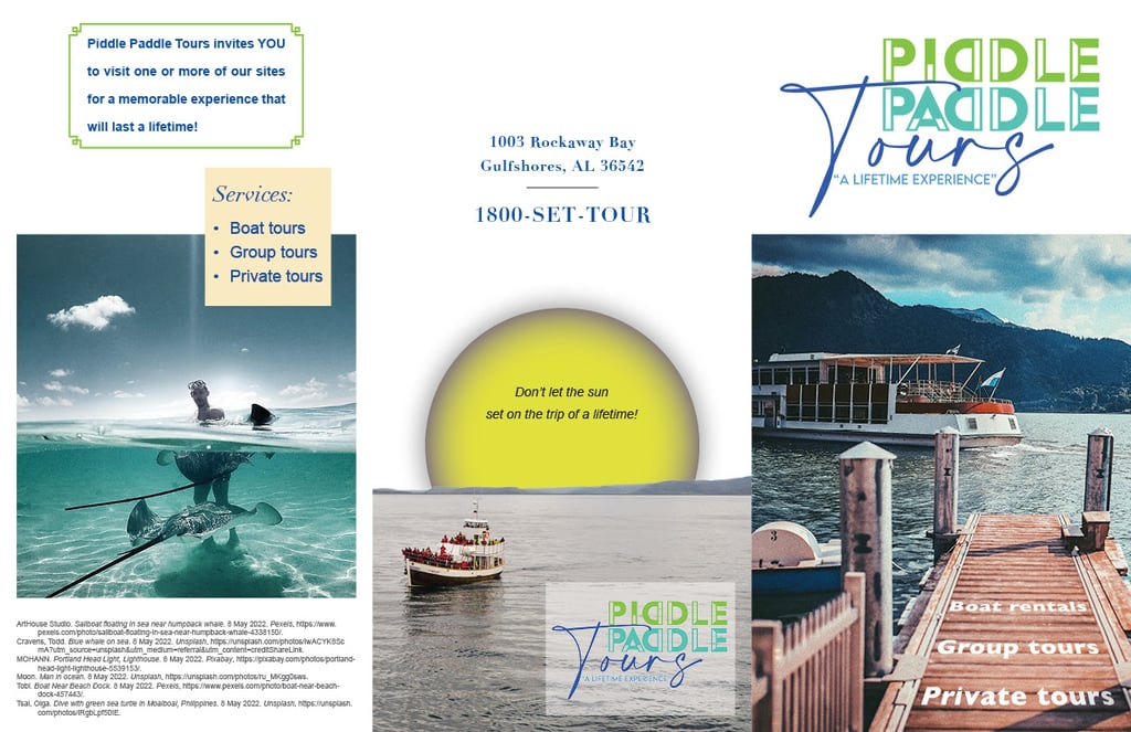 Outside pages of brochure for Piddle Paddle Tours featuring boat tours, snorkeling, and scenic marine and sunset images.