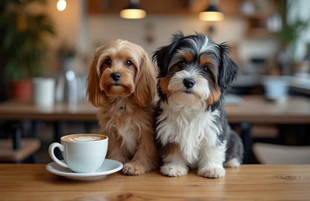 two dogs sitting on a table with a cup of coffee in a pet friendly cafe