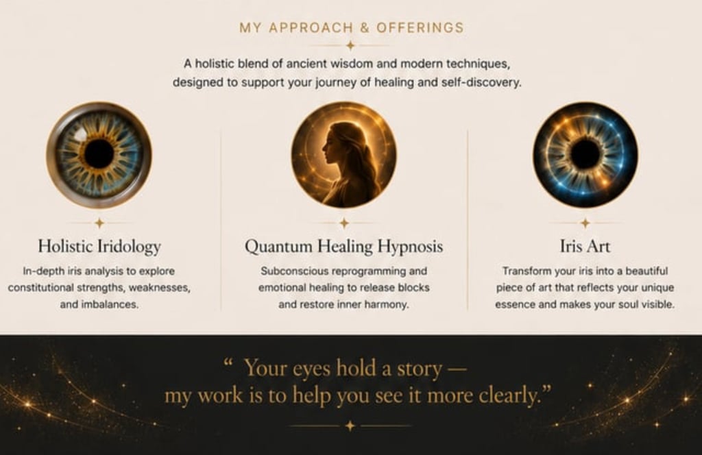 Holistic iridology, quantum healing hypnosis, and iris art services for self-discovery and wellness.