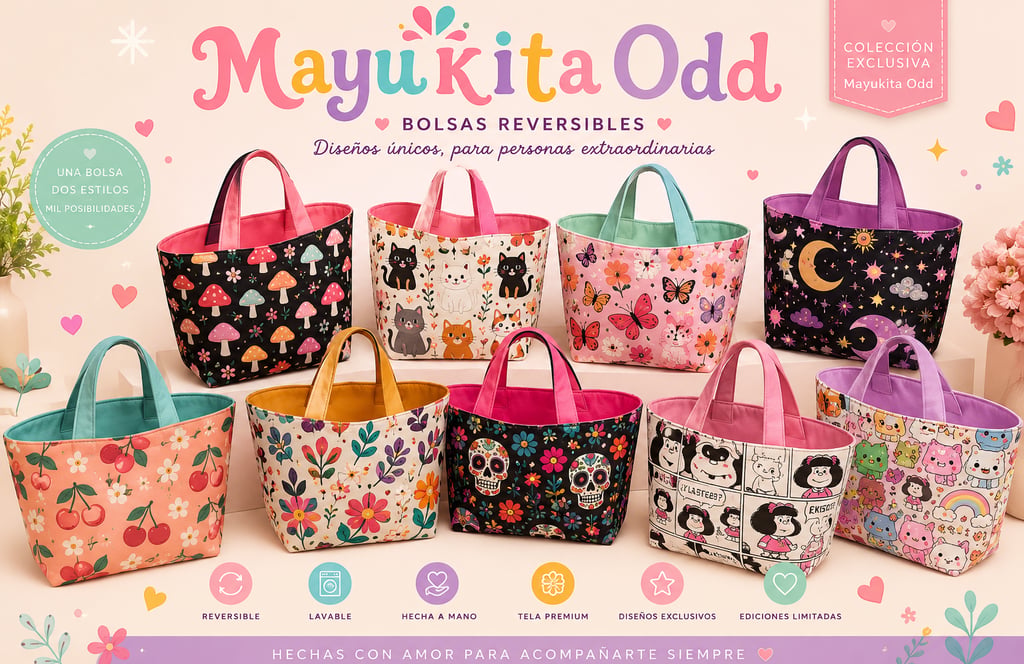 Una colección de coloridos bolsos tote reversibles de Mayukita Odd, con estampados como gatos, etc.
