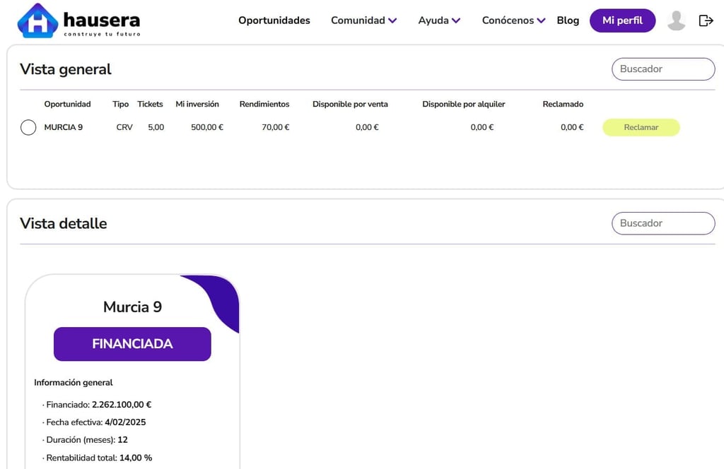 Cartera de inversión y seguimiento de proyectos en hausera