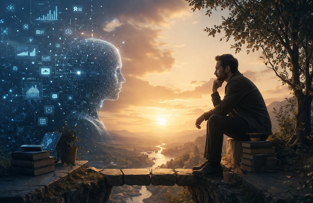 A man sits on a cliff overlooking a valley at sunset, contemplating a glowing digital AI head and data icons.