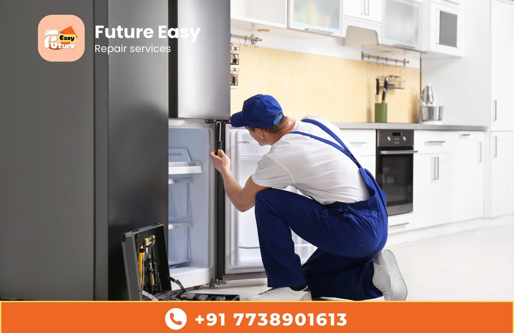 Technician fixing a refrigerator with "Future Easy" branding.