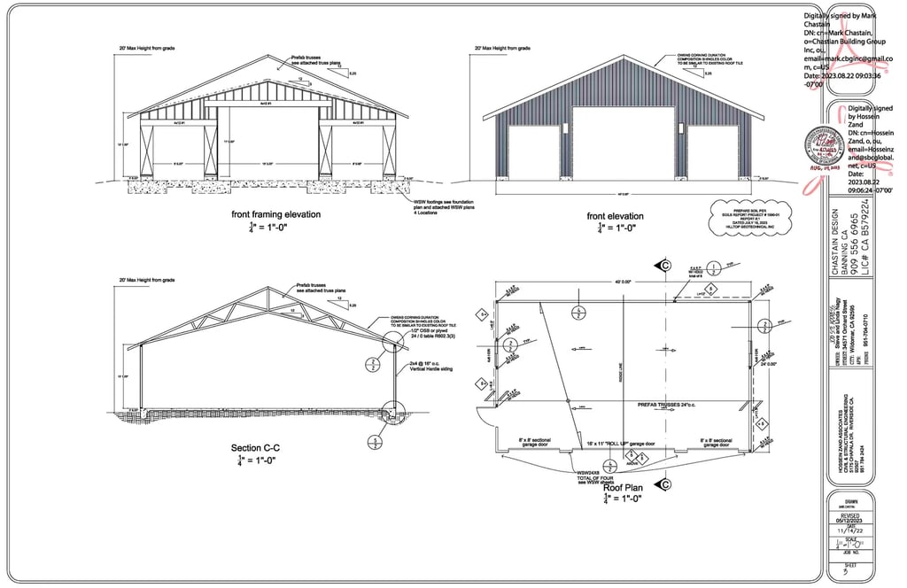 Engineering showing framing elevations of RV garage in Wildomar, CA by SAE Builders.