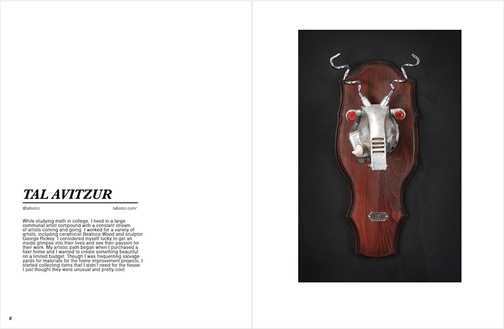 Flesh & Bone magazine article on artist Tal Avitzur, pages 8-9.