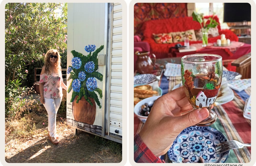 Crete artist by hydrangea mural and Cretan home with glass of hommade wine