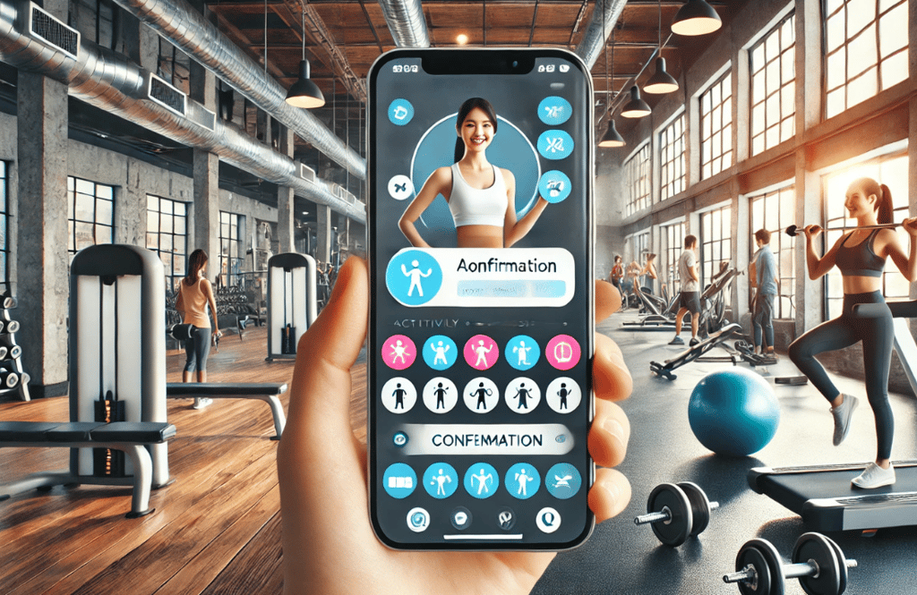 a person holding a phone with a display of workout in a fitness studio