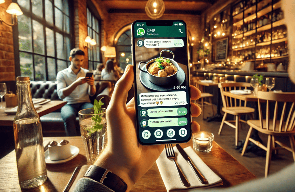 a person holding a phone with a whatapps messages in a restaurant