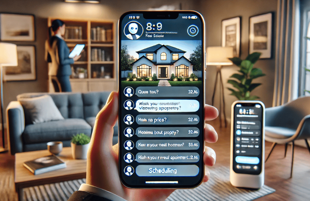 a person holding a smart phone with series of chat about a house with a chatbot