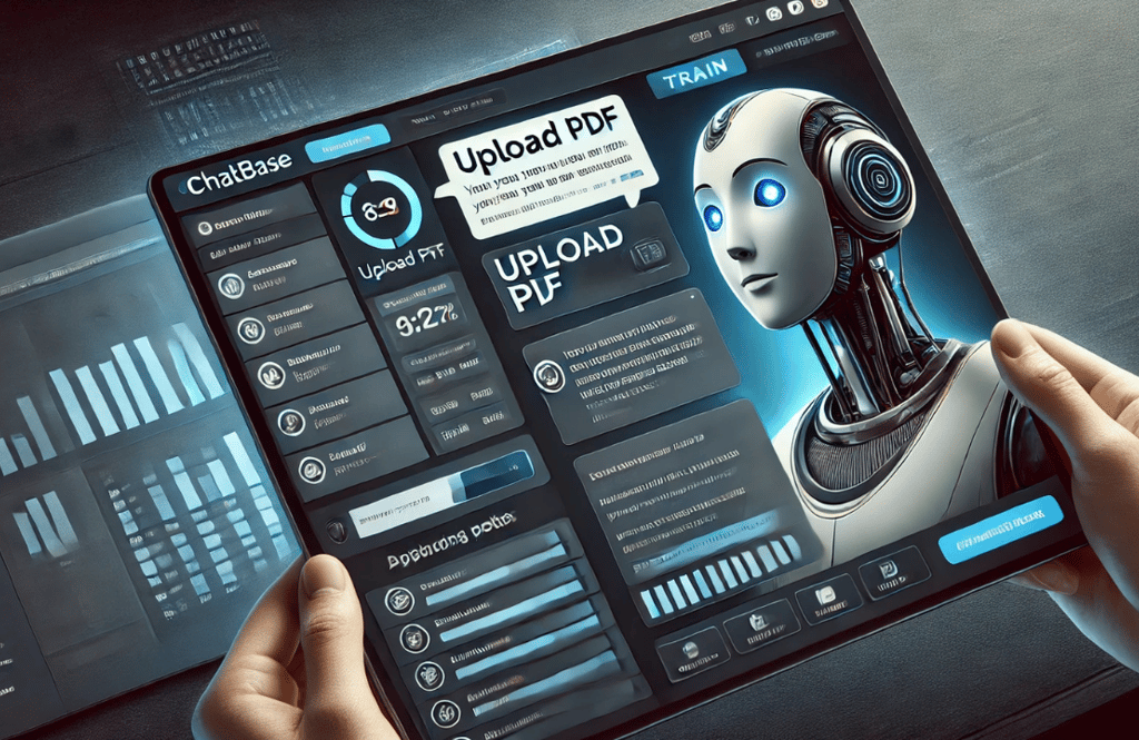 a person holding a tablet with a robot and a text upload PDF on the screen