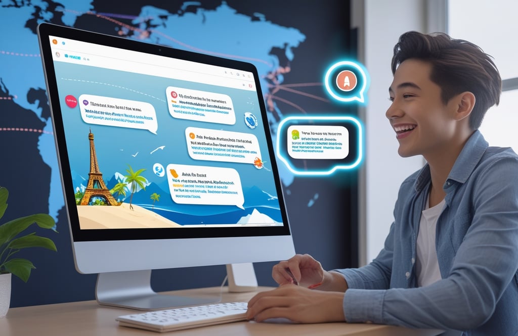 a man sitting at a desk with a computer screen displaying  chats with a chatbot
