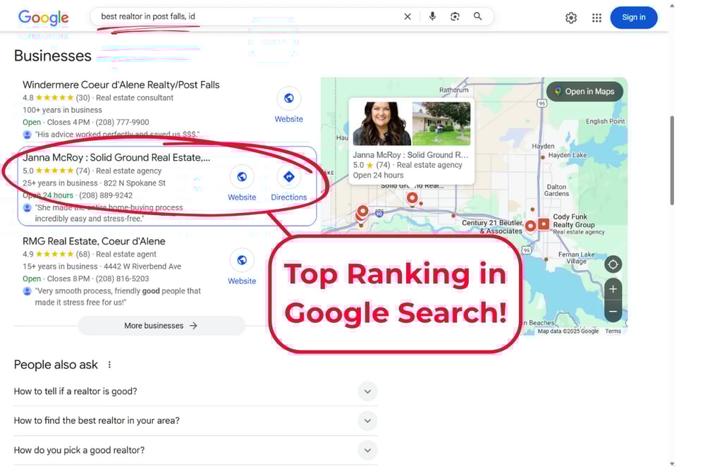 Optimized Google Business Profile with reviews, driving local SEO for Realtors.