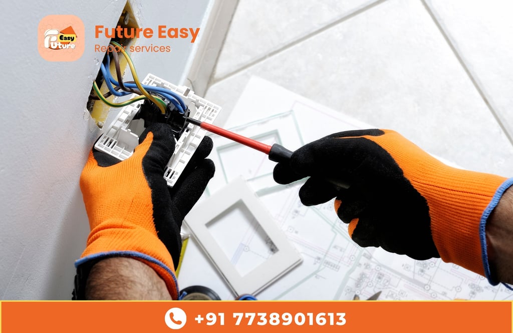 Technician repairing an electrical switchboard with Future Easy branding and contact number.