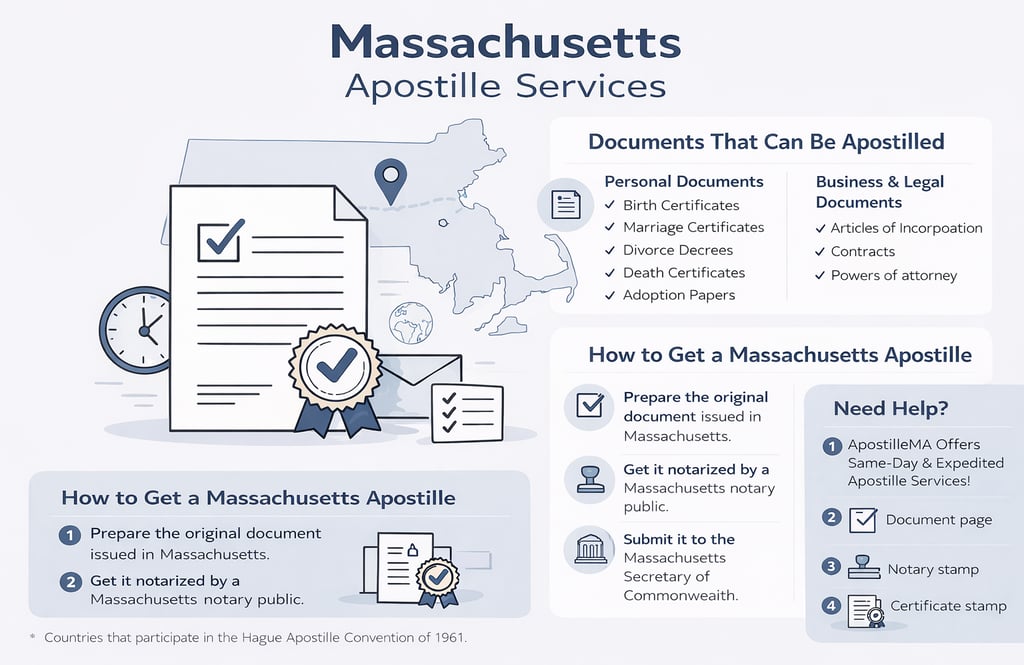 Massachusetts apostille services infographic showing documents eligible for apostille and the step-b