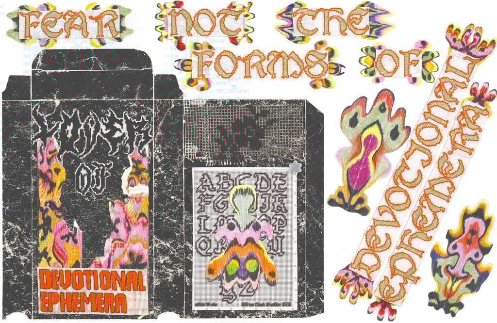 Collage artwork of paper cutouts, featuring a flat vhs tape cover made of crackled wheatpaste paper.