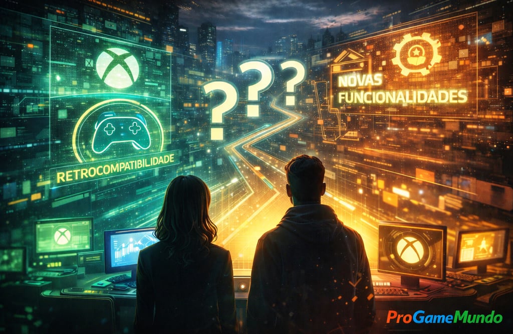 Duas pessoas observam painéis digitais sobre futuro, recursos e retrocompatibilidade.