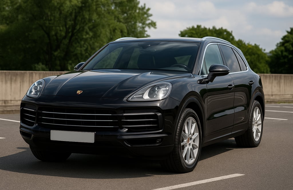 Porsche Cayenne preta metálica estacionada em garagem ao ar livre, vista frontal em ambiente realist