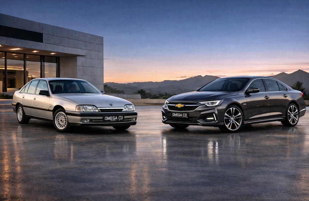 Chevrolet Omega CD 1993 ao lado do novo Omega CD 2026 em comparação frontal 3/4 mostrando evolução