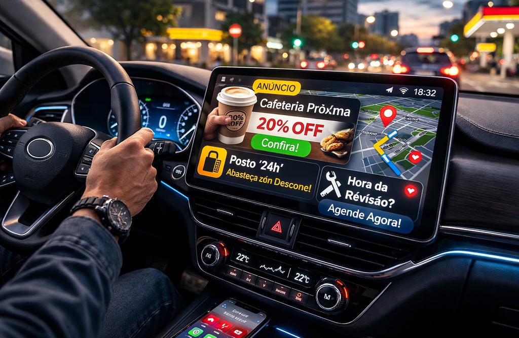 Anúncios na tela multimídia do carro exibindo propaganda personalizada e ofertas
