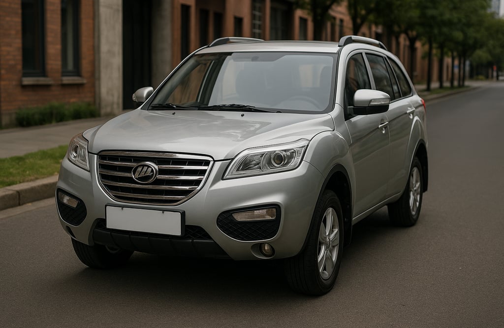 Lifan SUV prateado estacionado em rua urbana, visto em ângulo três quartos, com destaque para a grad