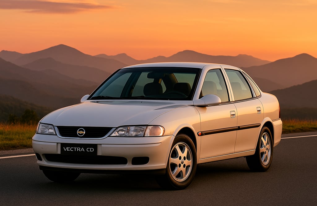 Chevrolet Vectra CD 1998 branco de segunda geração visto de três quartos pela frente com montanhas a