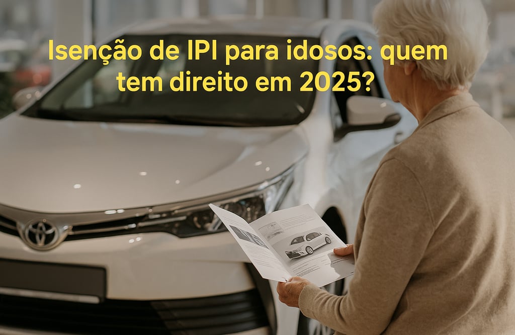 Idosa analisando folheto diante de um Toyota Corolla em concessionária, com frase sobre isenção de I