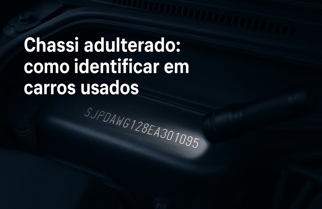 Close no número do chassi gravado na carroceria de um carro, iluminado por lanterna em ambiente escu