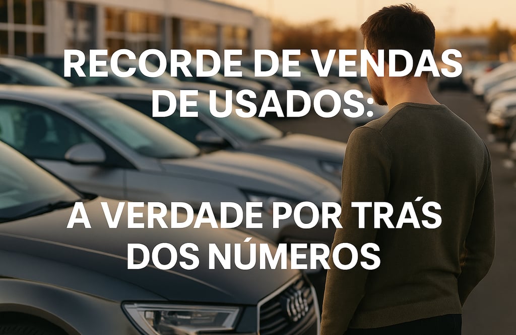 Homem observando uma fileira de carros usados em um pátio de concessionária ao entardecer, com a fra