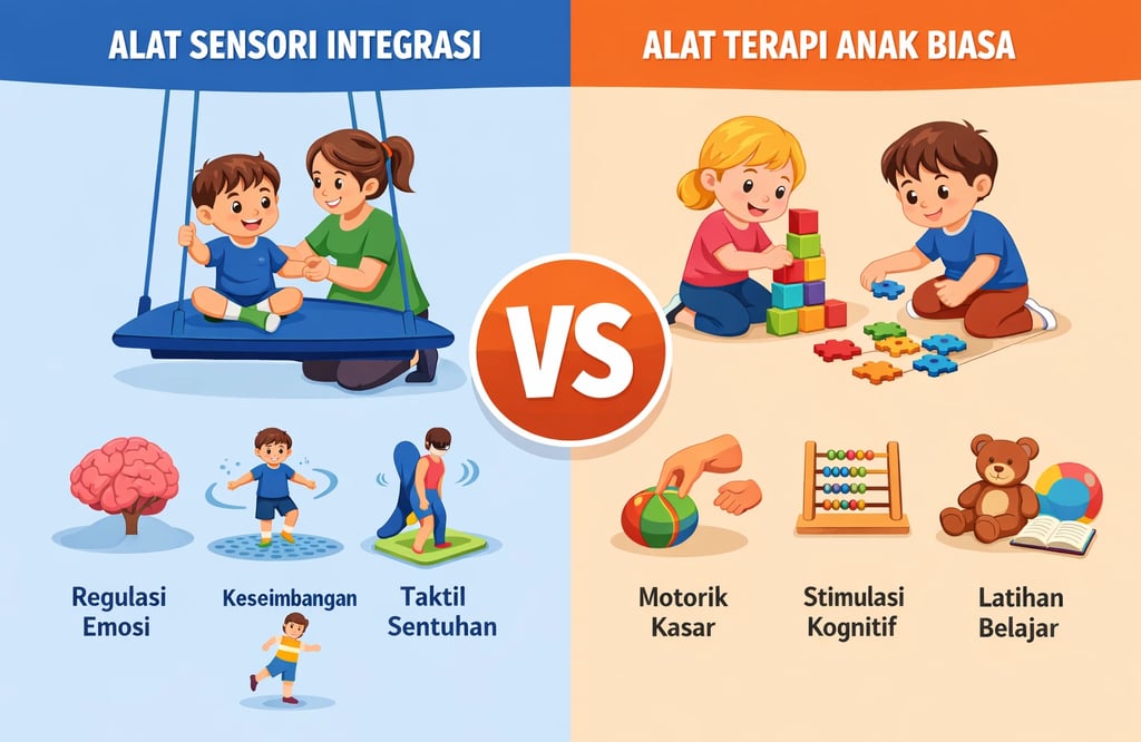 Alat sensori integrasi dibandingkan dengan alat terapi anak biasa untuk mendukung fokus, motorik, dan regulasi sensorik anak.