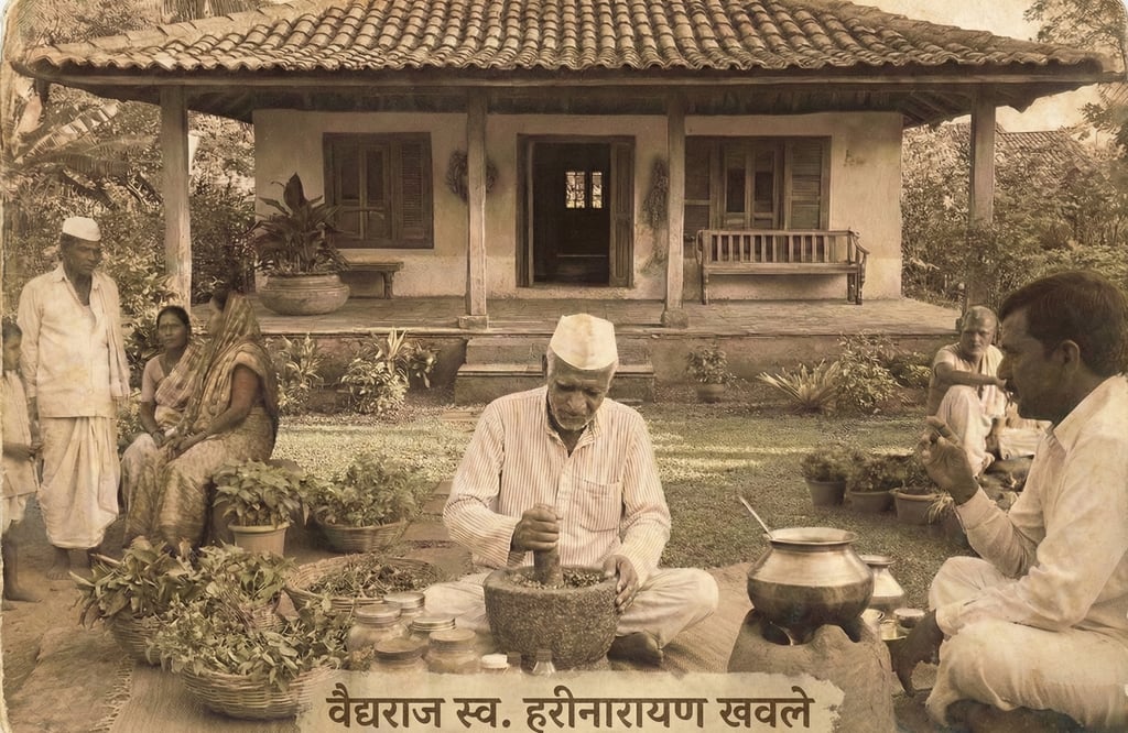 Vintage photo of an Indian Ayurvedic practitioner grinding herbal medicine in front of a traditional village house.