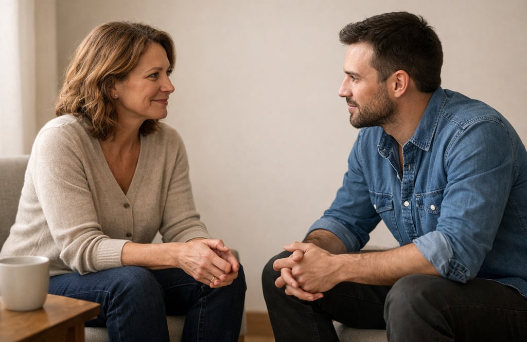 A smiling therapist listens to her male patient during a mental health counseling session.