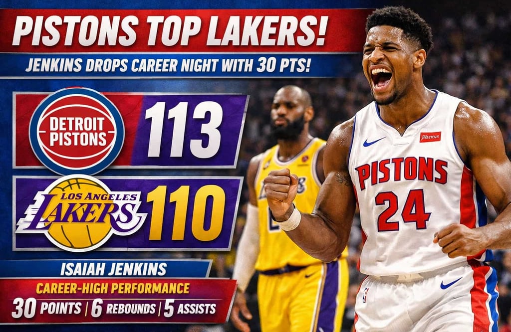 Pistons Vencem Lakers 113-110 e Jenkins Explode com 30 Pontos