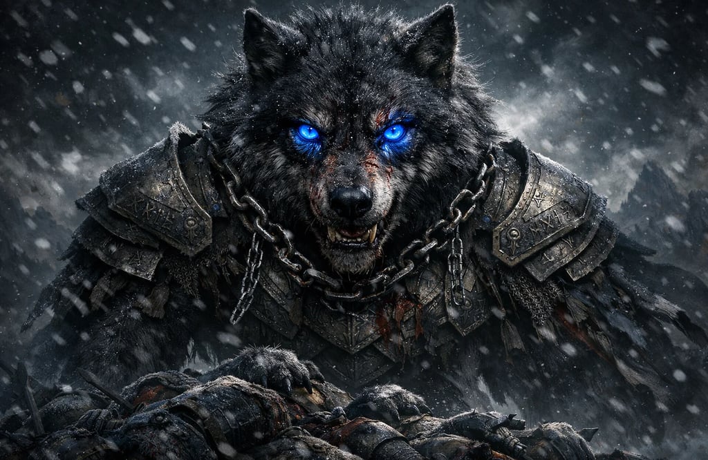 A fierce black wolf warrior with glowing blue eyes wearing armor in a dark winter snowstorm.