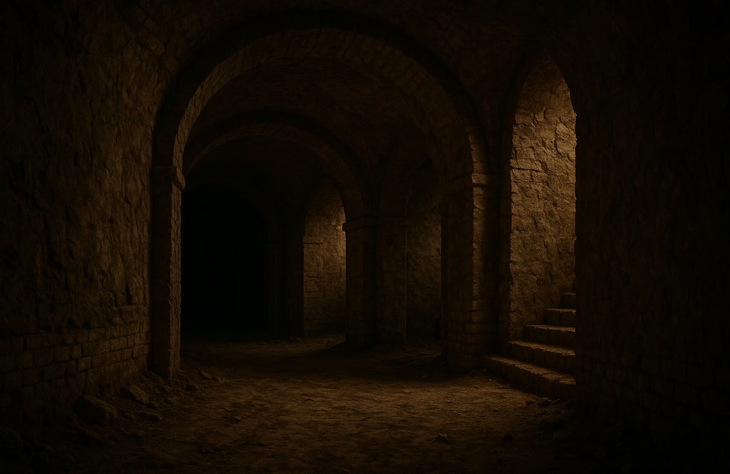 Underground tunnel in Cluj with stone walls and arched ceiling
