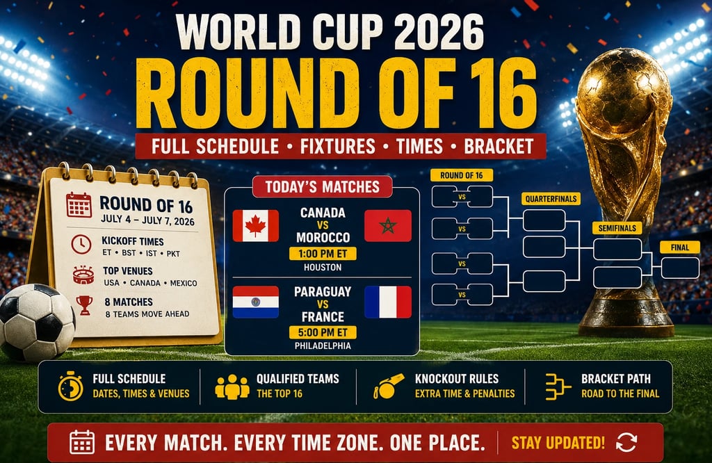 FIFA World Cup 2026 Round of 16 schedule with fixtures, kickoff times, venues and bracket path.