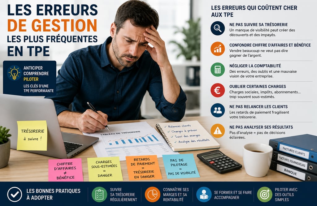 Dirigeant de TPE analysant des erreurs de gestion et des indicateurs financiers sur un bureau profes
