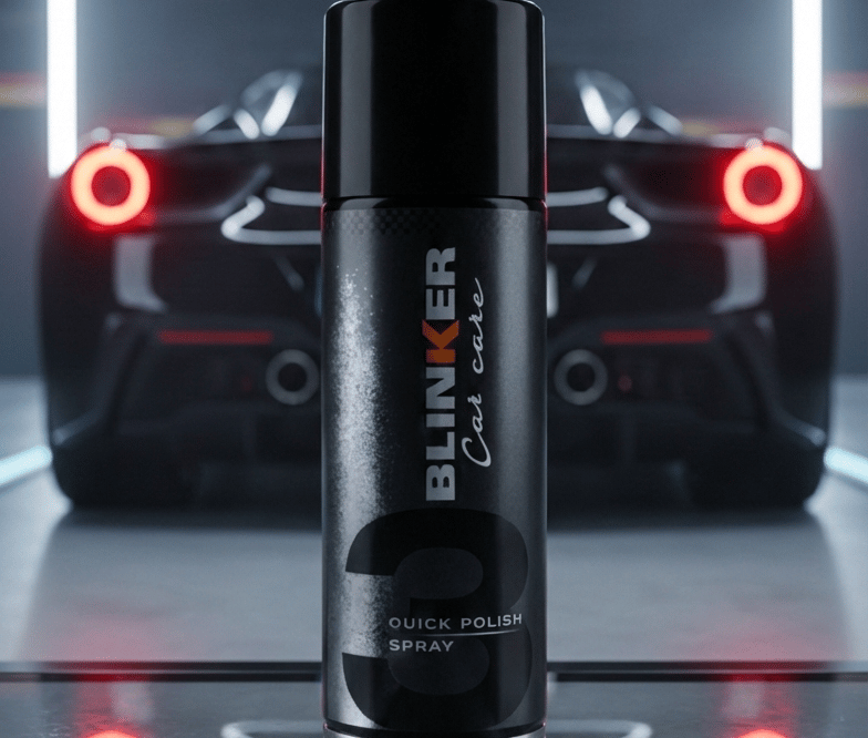Blinker Car Care quick polish spray can in front of a luxury sports car in a modern garage.