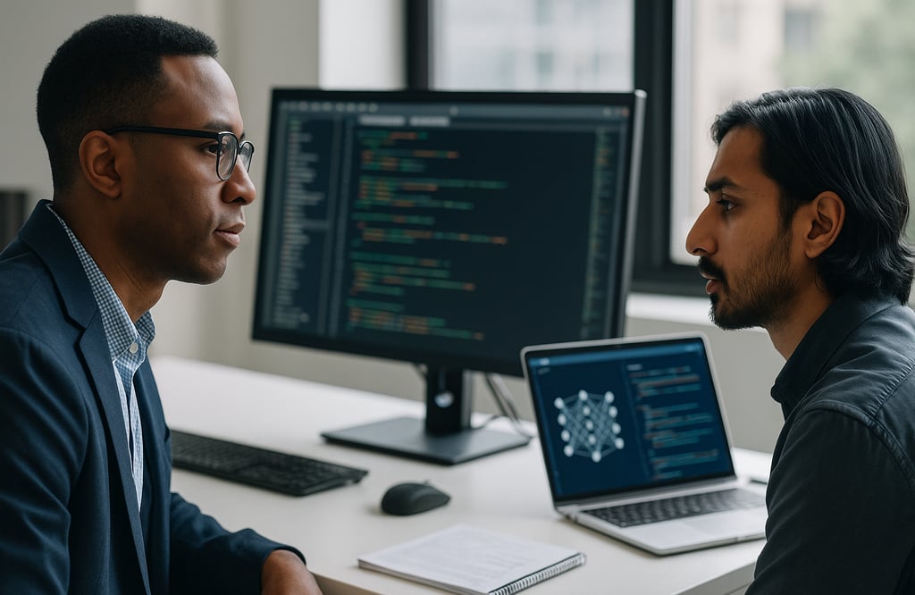Dois engenheiros de software discutem modelos de inteligência artificial em um escritório moderno, c