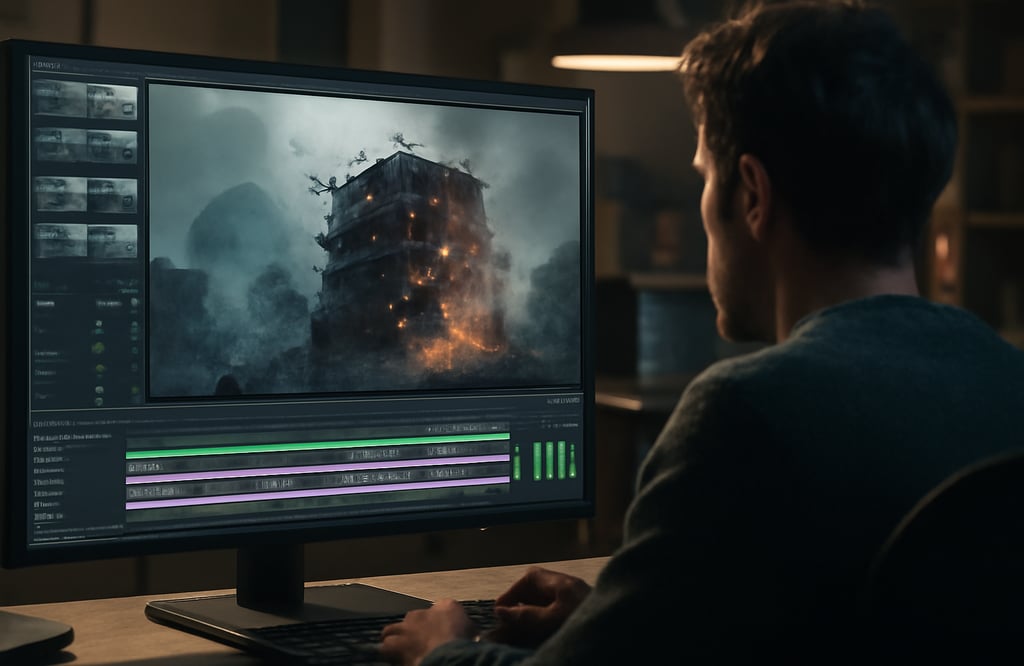 O ChatGPT disse: Imagem de um editor de vídeo observando uma cena futurista de destruição em uma tel