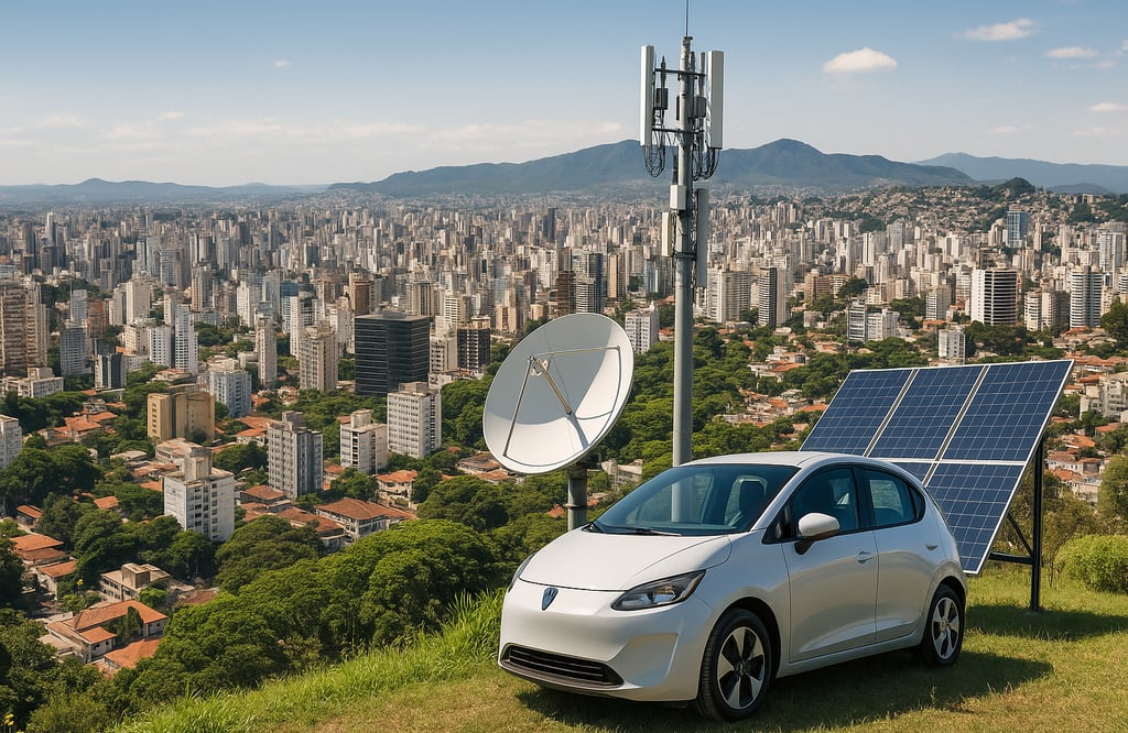 Vista aérea de Belo Horizonte com um carro elétrico branco em primeiro plano, ao lado de uma antena 