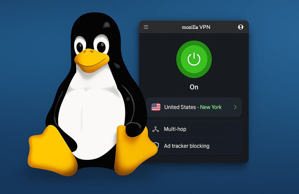 Ilustração digital mostra o mascote do Linux (Tux) ao lado da interface do Mozilla VPN, com fundo em