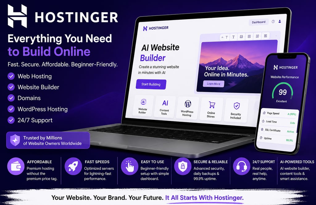 Hostinger web hosting services featuring an AI website builder interface on a laptop and mobile device.