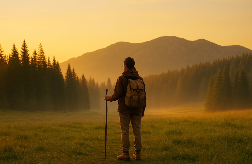 Silhouette of hiker walking through foggy field at sunrise, symbolizing resilience, solitude, and survival mindset