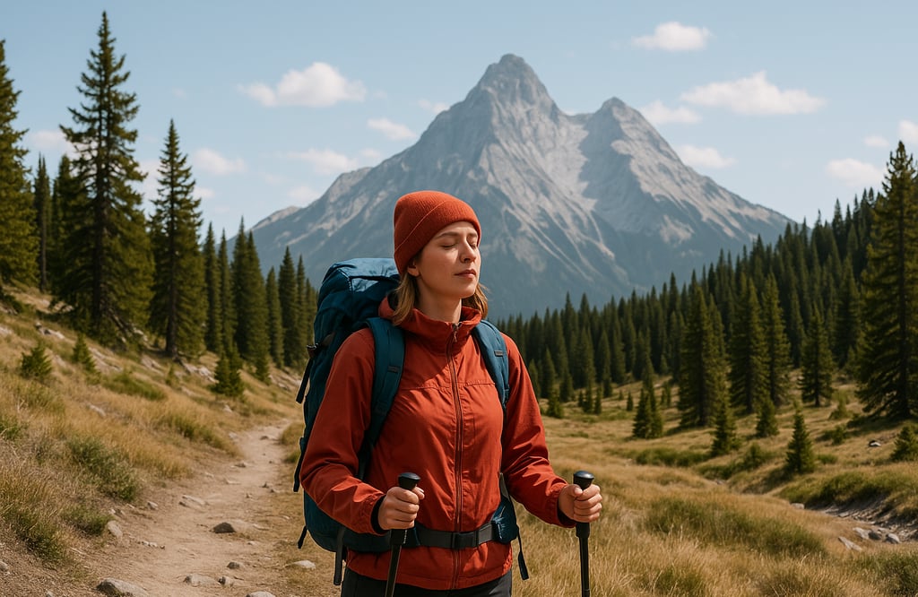 Smiling woman hiking through alpine forest with snow peak in background, representing endurance and wilderness fitness