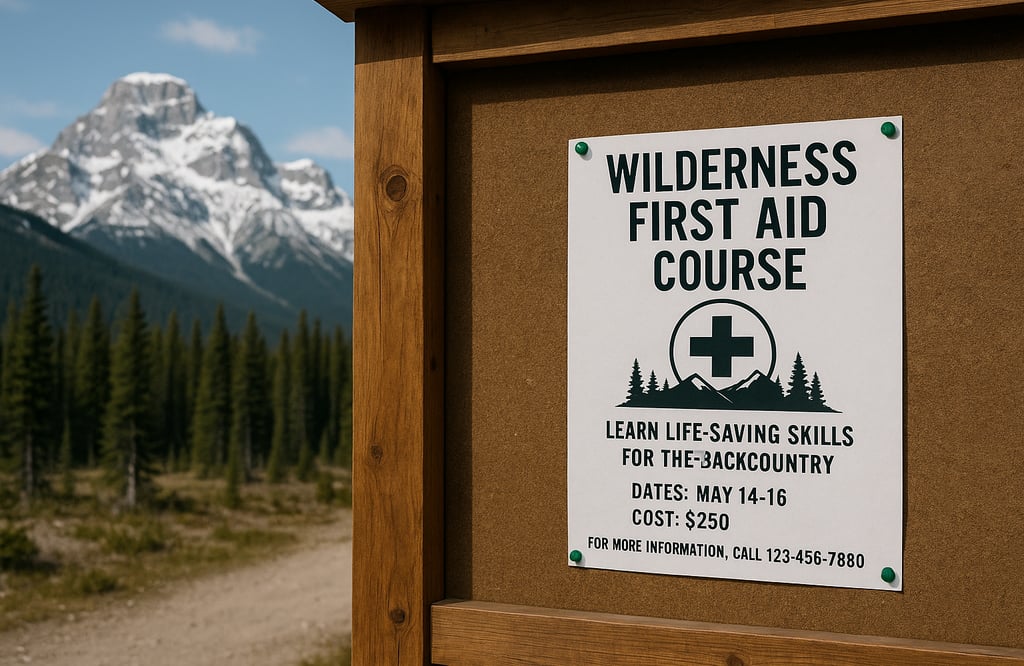 Wilderness first aid course sign near mountain trail offering essential survival training for outdoor emergencies