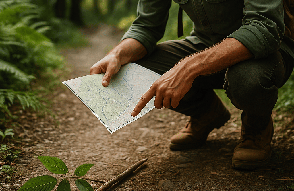 Hiker using compass and topographic map on trail, practicing land navigation and survival route planning