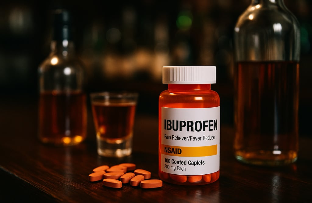 Ibuprofen pill bottle with tablets on a bar counter next to whiskey and alcohol bottles, highlighting dangerous mix risks.