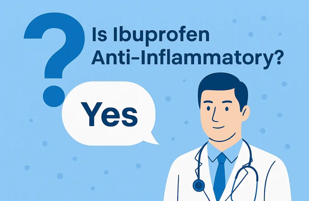Illustration of a person with question marks and health icons, symbolizing ibuprofen's anti-inflammatory effects