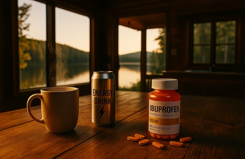 Coffee and energy drink opposite ibuprofen pills on a cabin table with lake view in morning light.