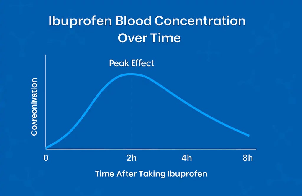 Ibuprofen absorption curve showing peak effectiveness around 1–2 hours, with labeled timeline from 0 to 8 hours after dose